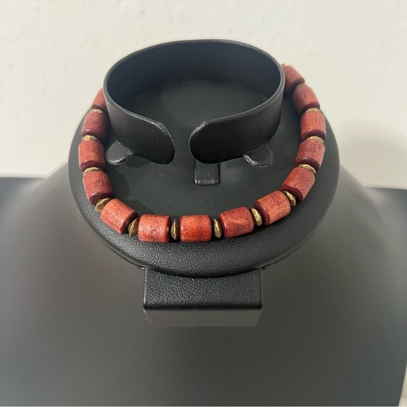 Waxed Wooden Column Brown Beaded Stretch Bracelet with Cream Stone Unisex - Picture 3 of 4